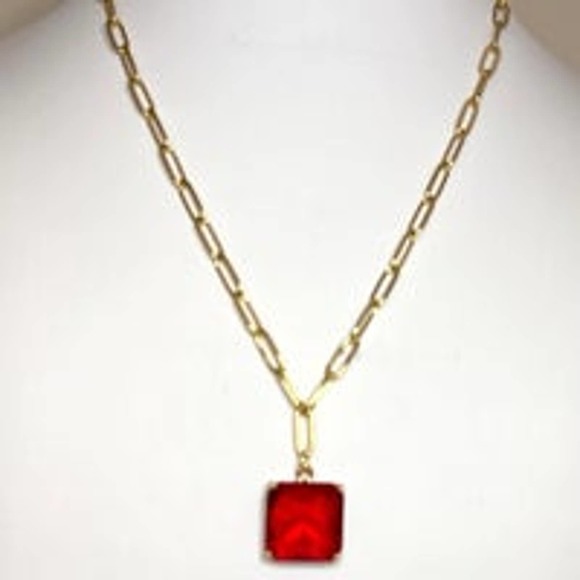 NEW Necklace Ruby Red Glass Drop Pendant Paperclip Chain Jewelry Trendy O26 - Picture 2 of 4